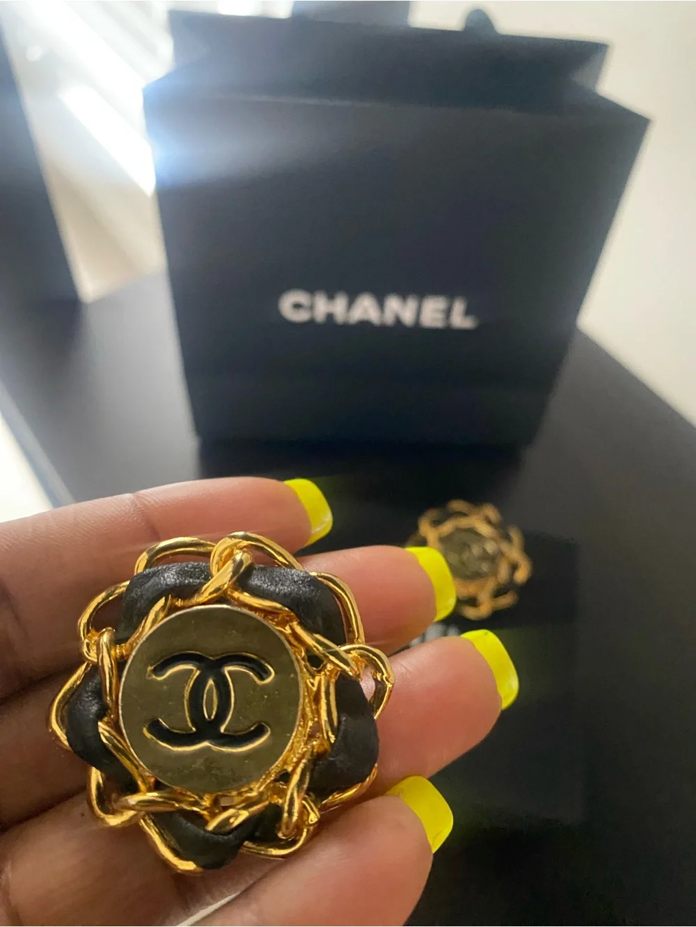 Authentic Chanel Black and Gold CC Logo Flower Earrings with box